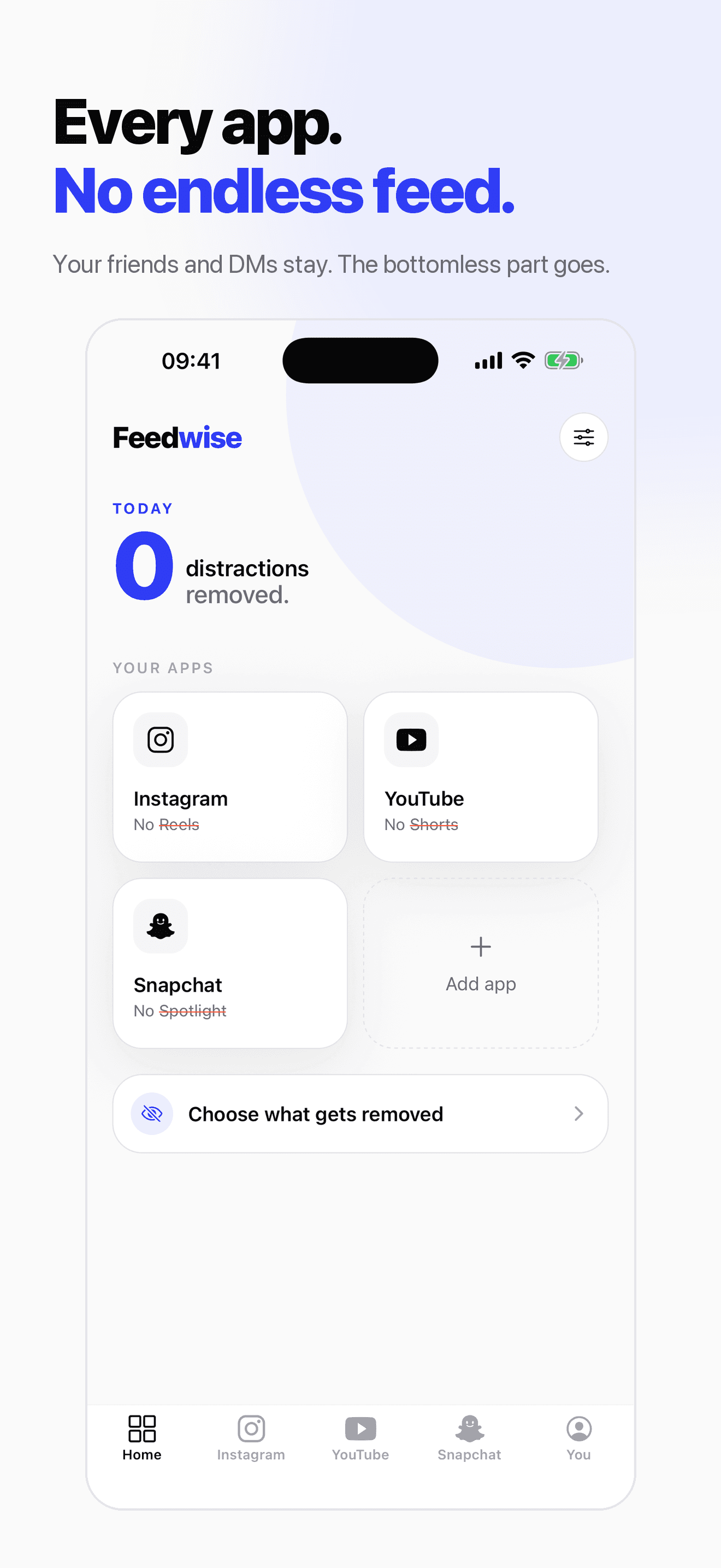 Feedwise home screen showing Instagram, YouTube and Snapchat with Reels, Shorts and Spotlight removed.