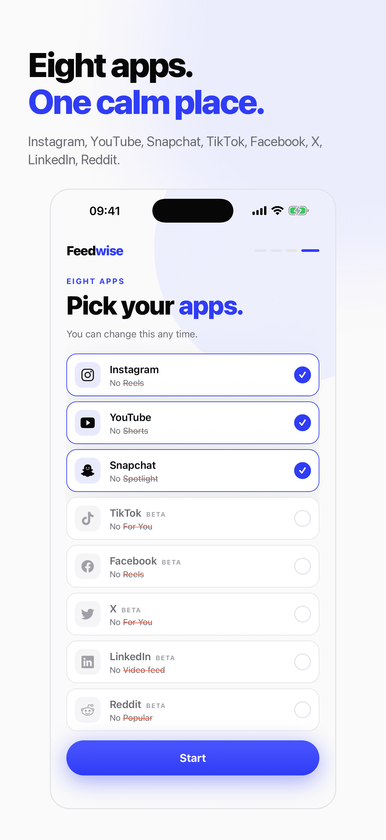 App picker listing Instagram, YouTube and Snapchat, plus TikTok, Facebook, X, LinkedIn and Reddit in beta.