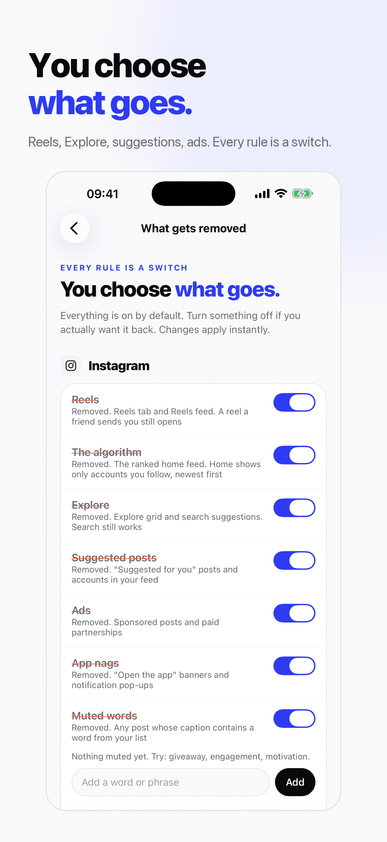 What gets removed: a switch for each Instagram rule, including Reels, the algorithm, Explore, suggested posts, ads, app nags and muted words.